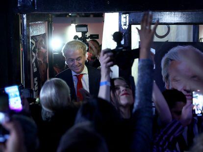Dutch far-right politician and leader of the PVV party, Geert Wilders arrives to speak to his supporters following the publishing of the exit poll and early results in the Dutch parliamentary elections, in The Hague, Netherlands November 22, 2023.