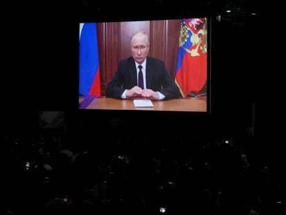 Russian President Vladimir Putin delivers a pre-recorded speech during the 15th BRICS Summit in Johannesburg, South Africa; August 22, 2023.