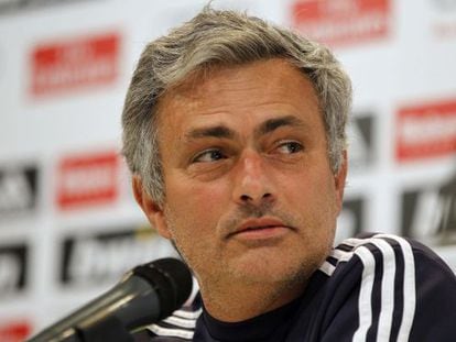 Jos&eacute; Mourinho smiles as he faces the press in Madrid on Tuesday.