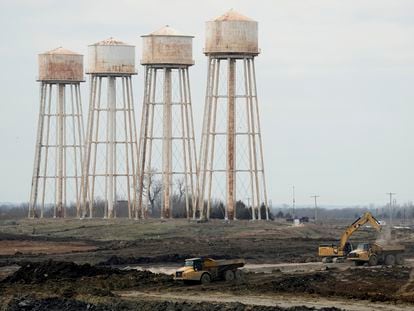 Workers prepare the site of a $4 billion Panasonic EV battery plant near DeSoto, Kansas.