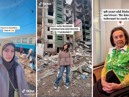 Left and center: Valeria Shashenok shows her TikTok followers the effects of Russian bombardments and her wait on the border with Poland after being evacuated from Chernihiv. Right: Lily Ebert, a 98-year-old Holocaust survivor, who has been relating her experiences to her more than two million TikTok followers.