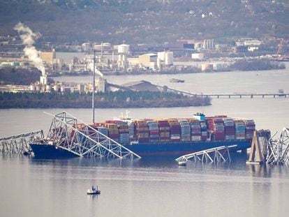 View of the container ship 'Dali,' which collided with the Francis Scott Key Bridge in Baltimore.