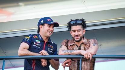 The Mexican race car driver Sergio “Checo” Pérez with the singer Bad Bunny, at the Monaco Grand Prix, on May 26, 2023.