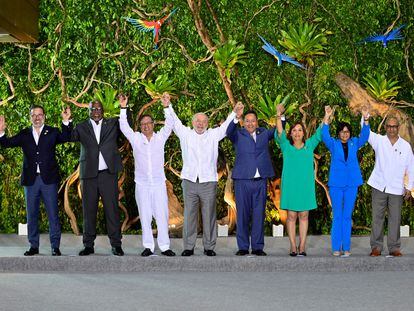Leaders from the Amazon countries pose for a family photo at the summit of the Amazon Cooperation Treaty Organization (ACTO), in Belém, Brazil on August 8, 2023.