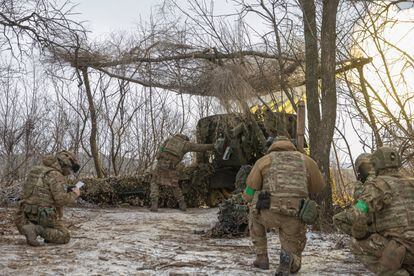 Members of the Azov Battalion of the Ukrainian Armed Forces, near Bakhmut, in the Donetsk region.
