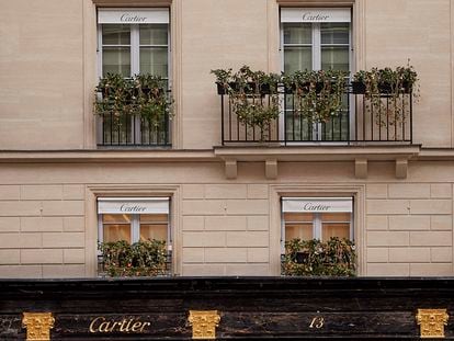 The renovated facade of the Cartier boutique on Rue de la Paix in Paris.