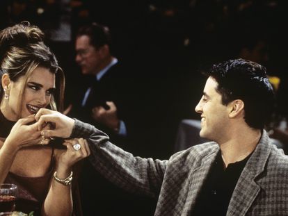 Brooke Shields in a scene from a 1996 episode of 'Friends' with actor Matt LeBlanc.
