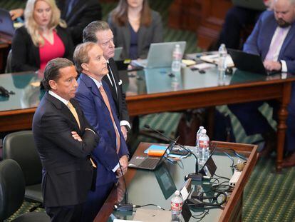 Attorney General Ken Paxton, middle, with his attorneys pleads not guilty in his impeachment trial on corruption-related charges at the Capitol in Austin, Texas, U.S., September 5, 2023.