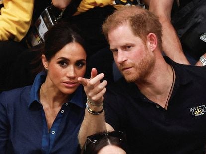 Britain's Prince Harry and his wife Meghan attend the sitting volleyball finals at the 2023 Invictus Games in Duesseldorf, Germany September 15, 2023.