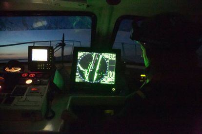 A customs unit vessel uses a radar covering a three-mile area to search for small vessels used to bring drugs to port.