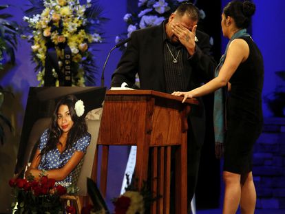Reynaldo Gonzalez cries while remembering his daughter Nohemi Gonzalez, who was killed by Islamic State gunmen in Paris, at her funeral at the Calvary Chapel in Downey, Calif., Dec. 4, 2015.