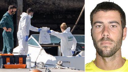 Civil Guard officers inspecting Gimeno's boat on March 29, and a file photo of Tomás Gimeno.