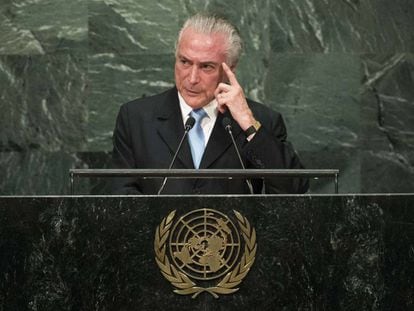 Brazilian President Michel Temer delivers his speech at the UN General Assembly.