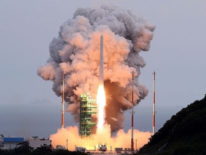 This photo taken on May 25, 2023, and provided by Korea Aerospace Research Institute (KARI) shows South Korea's homegrown space rocket Nuri launching from the Naro Space Center.