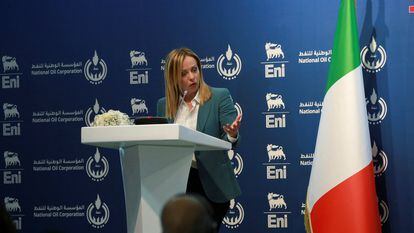 Italian Prime Minister Giorgia Meloni speaks during a news conference in Tripoli, Libya. January 28, 2023.
