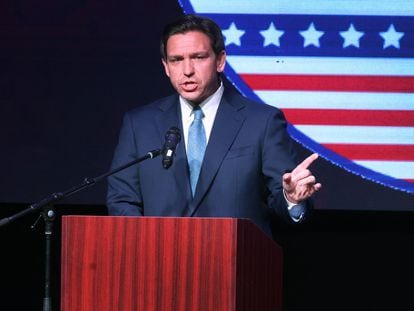 Florida Governor Ron DeSantis speaks to guests at the Republican Party of Marathon County Lincoln Day Dinner annual fundraiser on May 06, 2023 in Rothschild, Wisconsin.