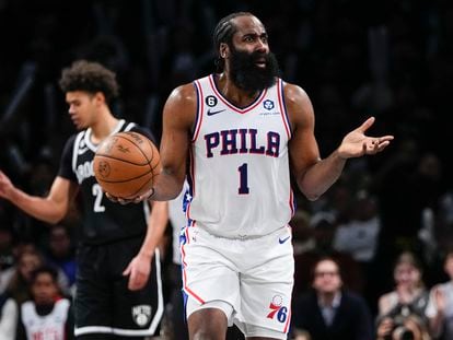 Philadelphia 76ers' James Harden reacts to a foul called on him during the second half against the Brooklyn Nets in Game 3 of an NBA basketball first-round playoff series Thursday, April 20, 2023, in New York