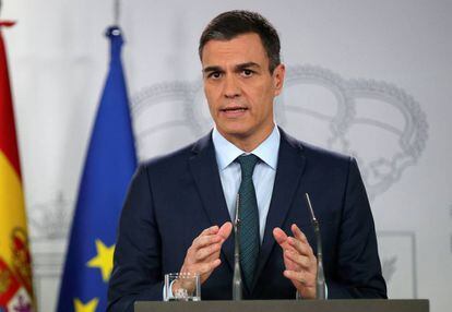 Spain's Prime Minister Pedro Sanchez delivers an official statement on the government's position on the political crisis in Venezuela, in Madrid, Spain.