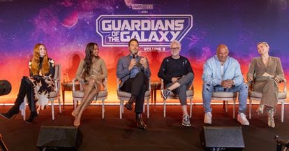 Left to right: Karen Gillan, Zoe Saldana, Chris Pratt, James Gunn, Vin Diesel and Pom Klementieff, pictured on April 23 during a press conference for ‘Guardians of the Galaxy Vol. 3’ in Paris.