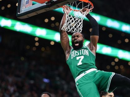 Jaylen Brown #7 of the Boston Celtics dunks the ball against the Miami Heat during the second quarter in game five of the Eastern Conference Finals at TD Garden on May 25, 2023 in Boston, Massachusetts.