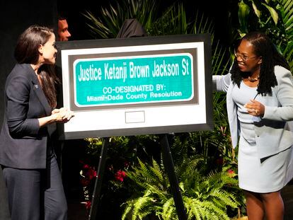 US Supreme Court Justice Kentanji Brown Jackson looks at a street sign named in her honor, on Monday, March 6, 2023, in Cutler Bay, Florida.