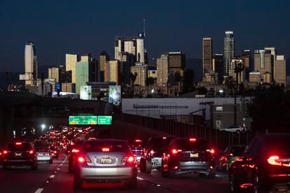 Traffic moves along the 110 Freeway in Los Angeles, Tuesday, Nov. 22, 2022.
