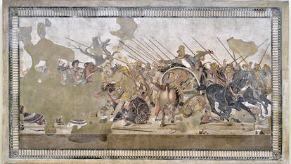 The mosaic represents Alexander the Great’s battle with Darius III. It was found in Pompeii’s House of the Faun and is conserved in Naples’ Archaeological Museum.