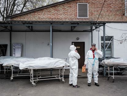 The bodies of people killed at Bucha outside a morgue after the Russian withdrawal from the area.