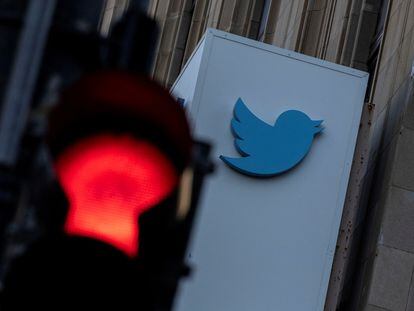 The Twitter logo at its corporate headquarters in San Francisco, California, U.S. November 18, 2022.