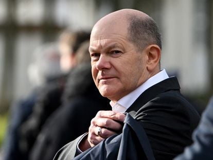 German Chancellor Olaf Scholz is seen after a closed meeting of the federal cabinet in Meseberg, Germany, on March 6, 2023.