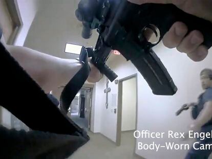 This image provided by Metropolitan Nashville Police Department shows bodycam footage of police responding to an active shooting at The Covenant School in Nashville, on March 27, 2023.