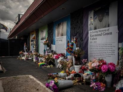 Memorials are displayed outside Club Q, the LGBTQ nightclub that was the site of a deadly 2022 shooting that killed five people