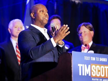Sen. Tim Scott speaks at a news conference announcing that more than 140 current and former elected officials from South Carolina have endorsed his presidential bid, on June 12, 2023, in Spartanburg, S.C.