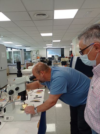 Guillermo Zaragoza, a technician at the USC X-ray unit, and biologist Carlos Rodríguez, who collected the sample of ermeloite. 