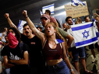 A demonstration against judicial reform early Tuesday morning in Tel Aviv.