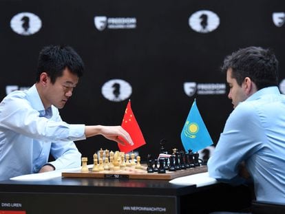 Ding Liren of China competes against Ian Nepomniachtchi of International Chess Federation at the FIDE World Championship on April 30, 2023.