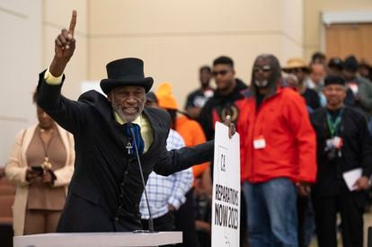 Morris Griffin, of Los Angeles, speaks during the public comment portion of the Reparations Task Force meeting in Sacramento, California, on Friday, March 3, 2023.