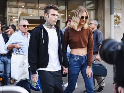 Influencers Fedez and Chiara Ferragni, pictured on October 6, 2023, leaving the Fatebenefratelli hospital, in Milan, after he experienced some health complications.