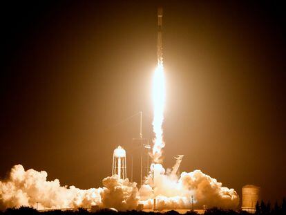 A SpaceX Falcon 9 rocket lifts off at Kennedy Space Center in Cape Canaveral, Fla., on Thursday, Feb. 15, 2024.