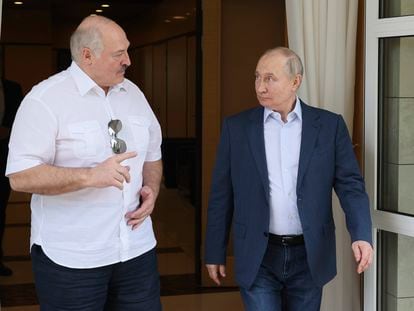 Belarusian President Aleksandr Lukashenko chats with his Russian counterpart Vladimir Putin during a meeting in Sochi, Russia on June 9, 2023.