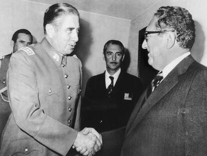 Augusto Pinochet and Henry Kissinger meet in Santiago, Chile; June 8, 1976.