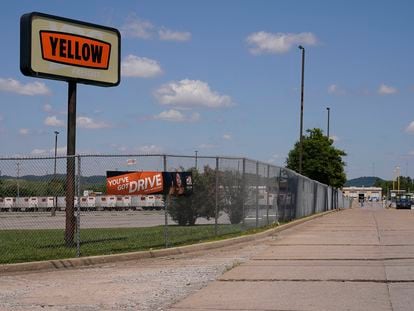 A sign for Yellow Corp. trucking company stands outside its facility Monday, July 31, 2023 in Nashville, Tenn.