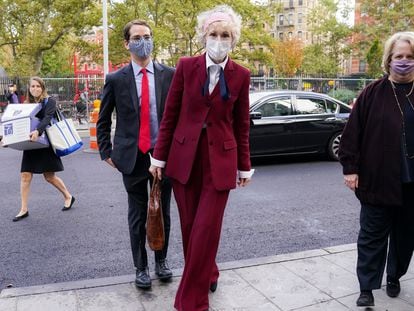 E. Jean Carroll arrives at the Daniel Patrick Moynihan United States Courthouse, Wednesday, Oct. 21, 2020, in New York.
