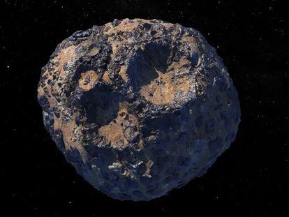 An artistic depiction of the metal-rich asteroid 16 Psyche, located in the main asteroid belt between Mars and Jupiter.