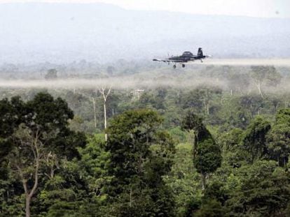 Aerial fumigation of coca crops in southern Colombia