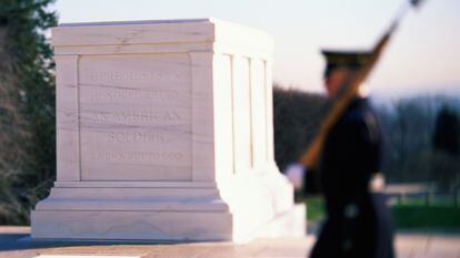A soldier stands guard at the Tomb of the Unknown Soldier.