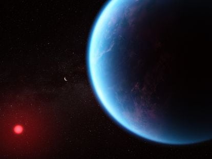 An artist's recreation of the exoplanet K2-18 b, based on data obtained via the James Webb Space Telescope.