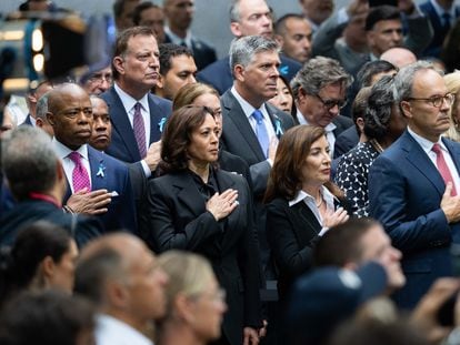 New York City Mayor Eric Adams, Vice President Kamala Harris and Kathy Hochul, Governor of New York, at the National September 11 Memorial during the anniversary ceremony this Monday.