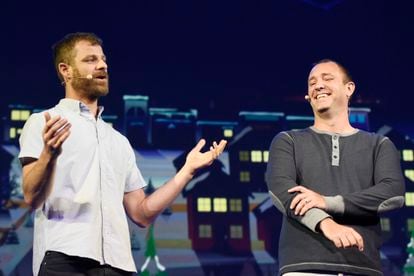 "South Park" creators Matt Stone, left, and Trey Parker discuss the "South Park: The Fractured But Whole" video game onstage at Ubisoft's E3 2015 Conference at the Orpheum Theatre on June 15, 2015, in Los Angeles.