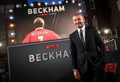 David Beckham poses during the premiere of his documentary, 'Beckham,' in London, on October 3, 2023.